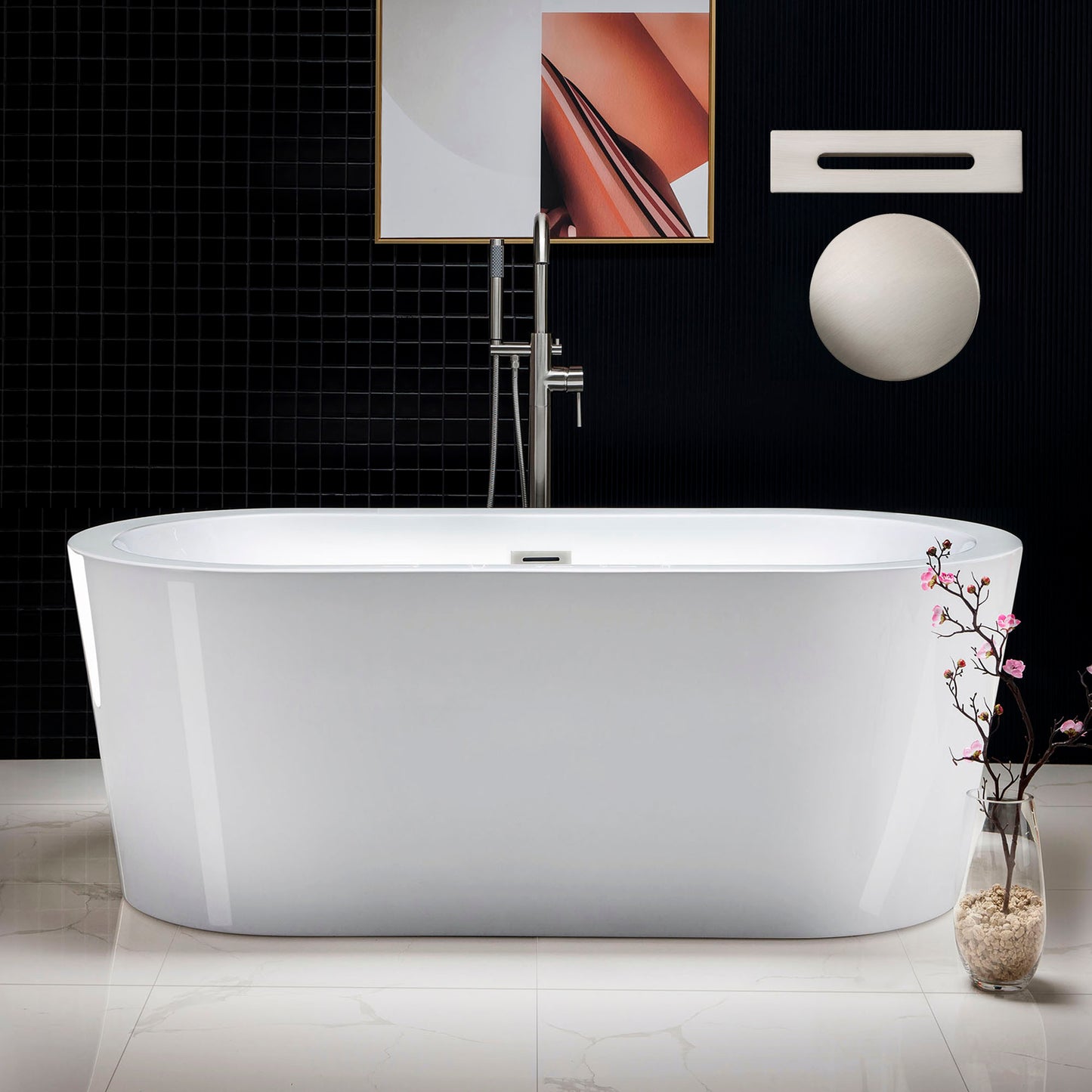 Kiri 59 inch freestanding acrylic soaking bathtub, oval