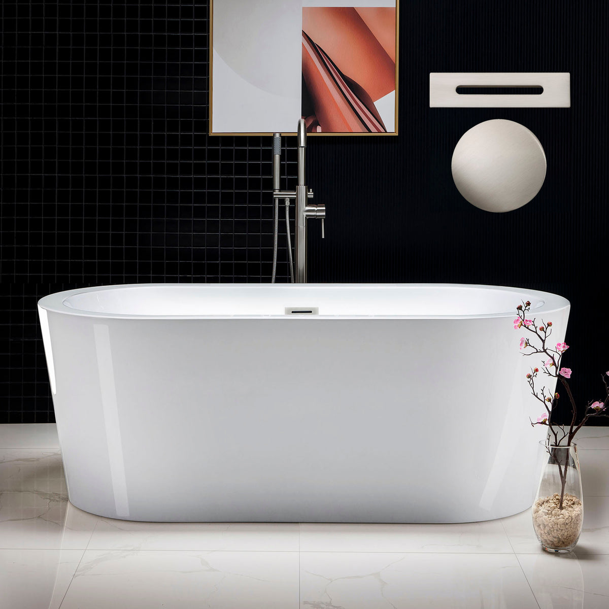 Kiri 59 inch freestanding acrylic soaking bathtub, oval