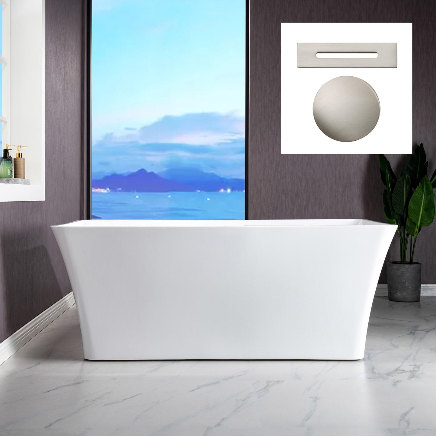 Kohrra 59 inch freestanding acrylic soaking bathtub, rectangular