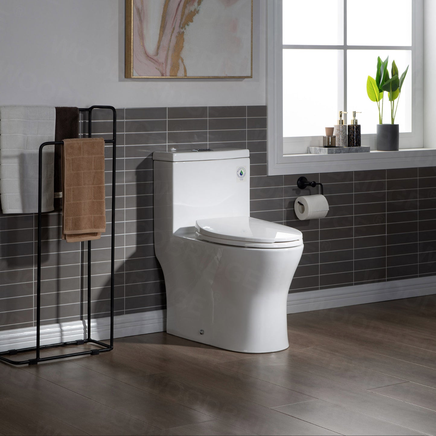 Linden One-Piece Elongated Toilet - flush button detail