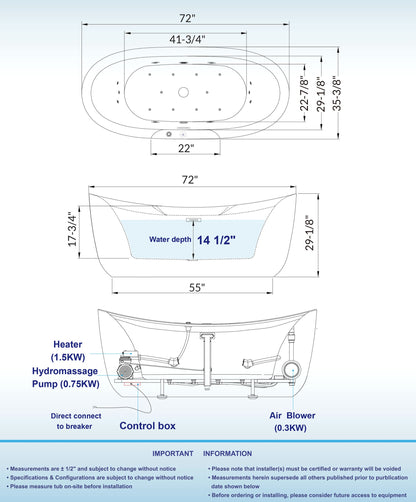 Remolino 72" Freestanding Whirlpool Bathtub