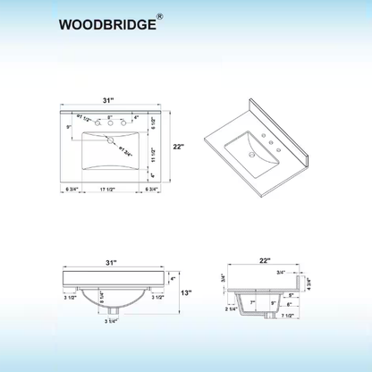Roma 30" Freestanding Bathroom Vanity with Stone Top and Porcelain Undermount Sink
