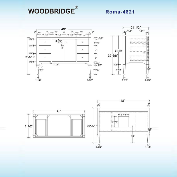 Roma 48" Freestanding Bathroom Vanity with Stone Top and Porcelain Undermount Sink