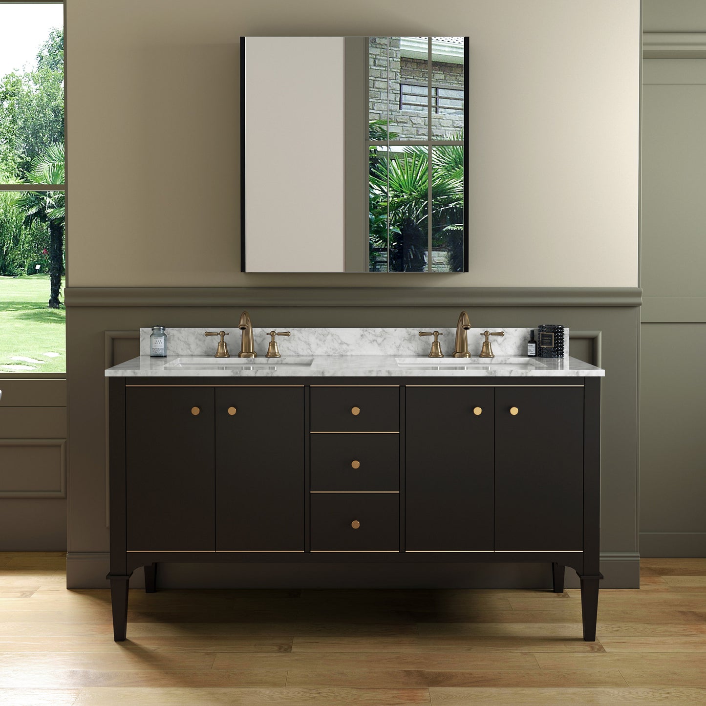 Roma 60" Freestanding Bathroom Vanity with Stone Top and Porcelain Undermount Sinks