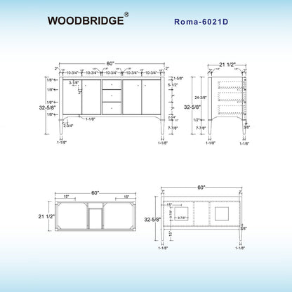Roma 60" Freestanding Bathroom Vanity with Stone Top and Porcelain Undermount Sinks