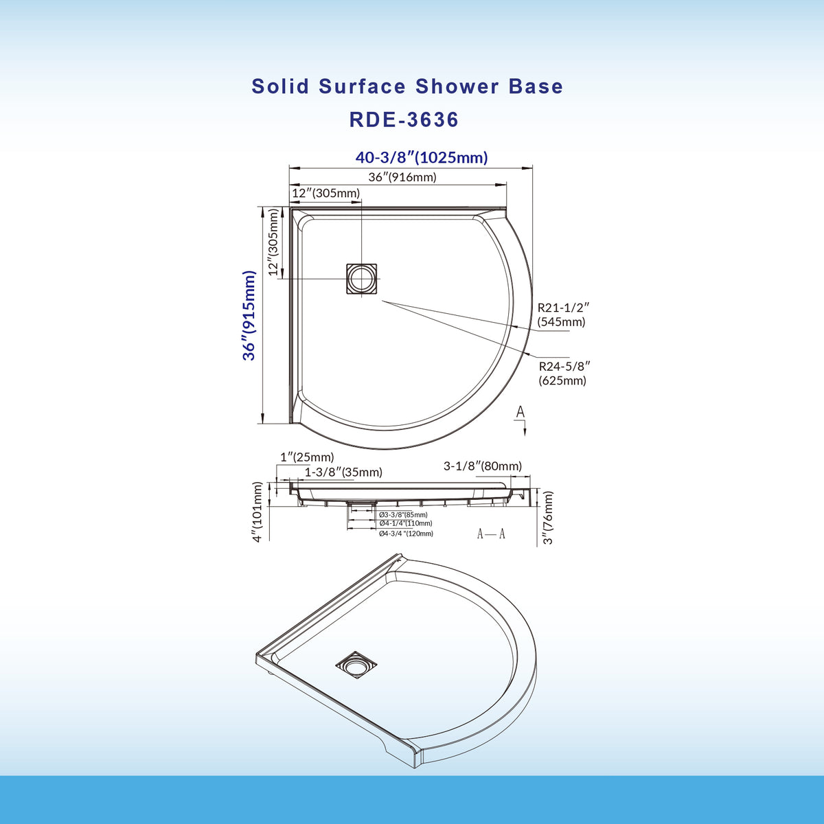 Round Neo-Angle Corner Solid Surface Shower Base Pan