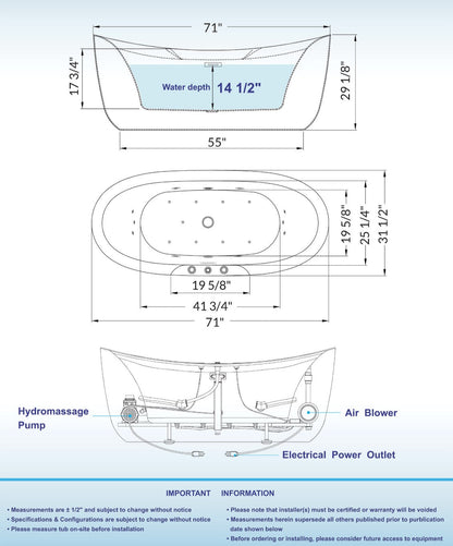 Tekne 71" Freestanding Whirlpool Bathtub