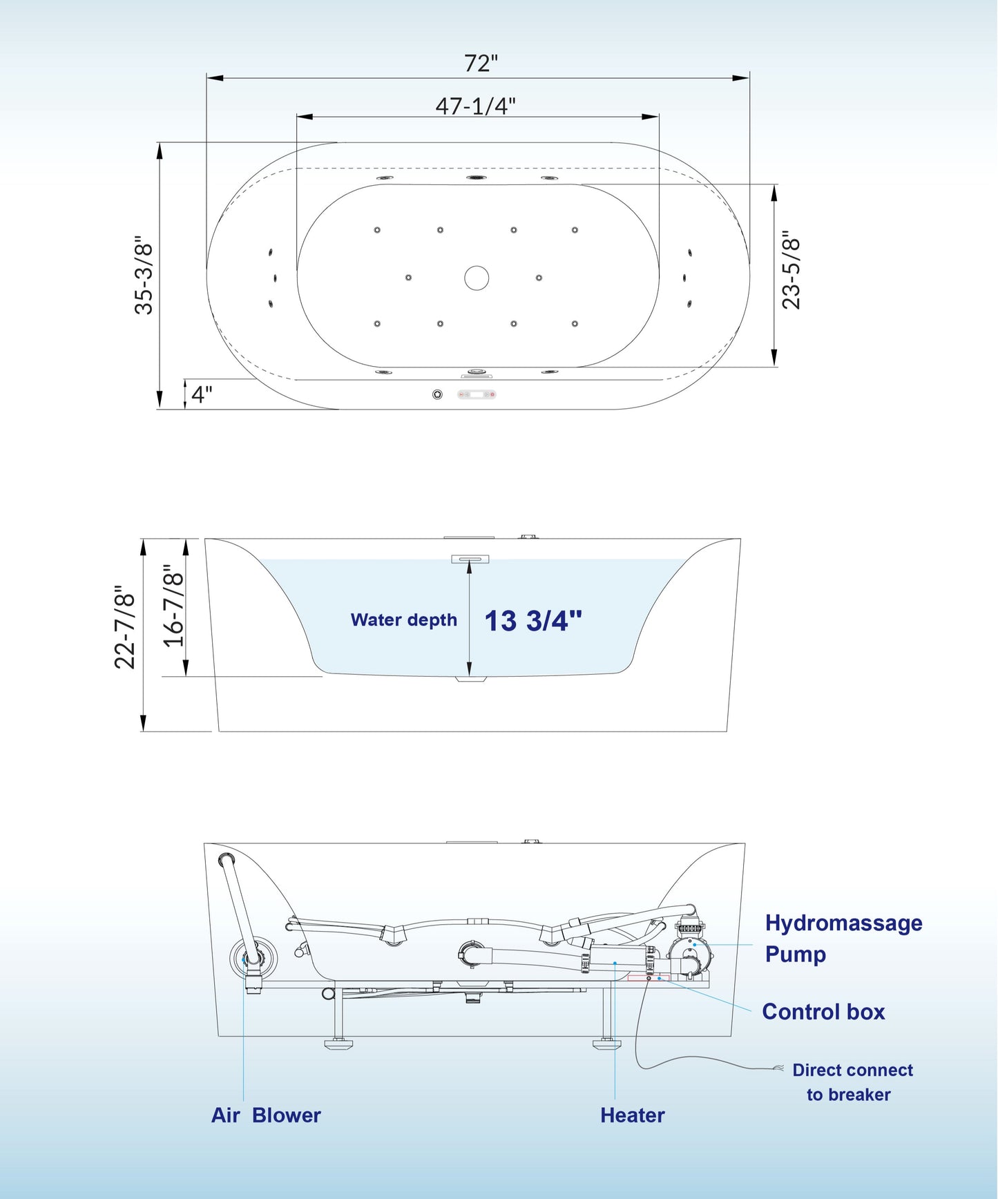 Vodor 72" Freestanding Whirlpool Bathtub