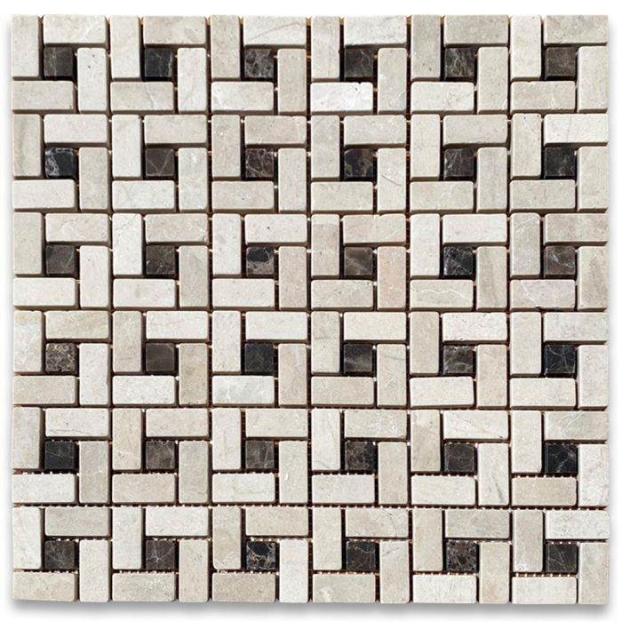 [CLEARANCE] Crema Marfil Marble Pinwheel Windmill Spiral Target Mosaic Tile with Emperador Dark Brown Dots, 12x12, Tumbled