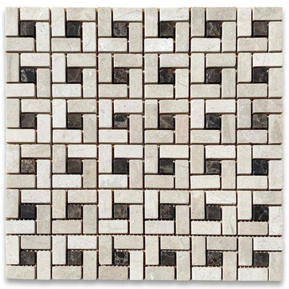 [CLEARANCE] Crema Marfil Marble Pinwheel Windmill Spiral Target Mosaic Tile with Emperador Dark Brown Dots, 12x12, Tumbled
