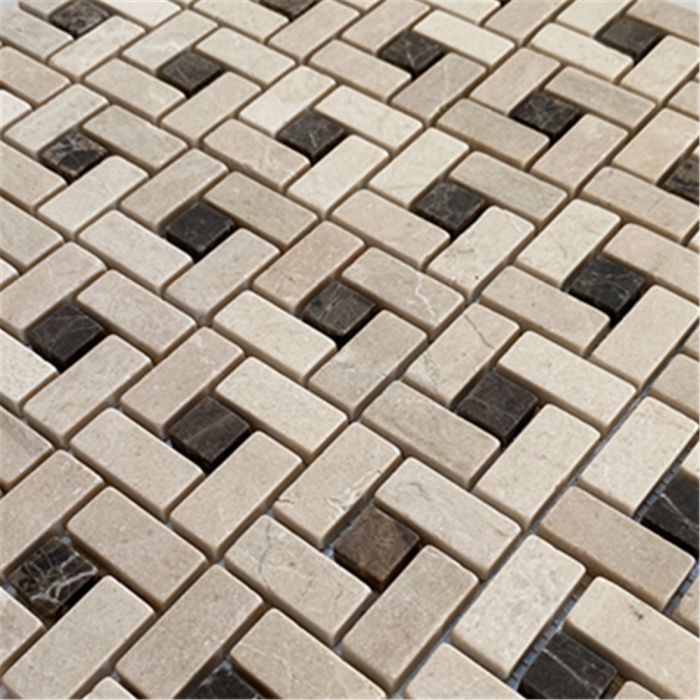 [CLEARANCE] Crema Marfil Marble Pinwheel Windmill Spiral Target Mosaic Tile with Emperador Dark Brown Dots, 12x12, Tumbled