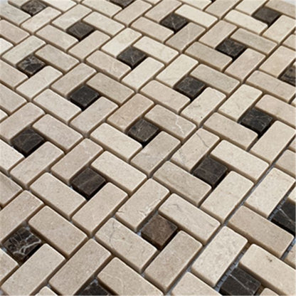 [CLEARANCE] Crema Marfil Marble Pinwheel Windmill Spiral Target Mosaic Tile with Emperador Dark Brown Dots, 12x12, Tumbled