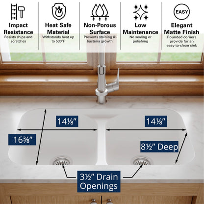 Seamless 33" Quartz Composite Undermount Double Basin Kitchen Sink