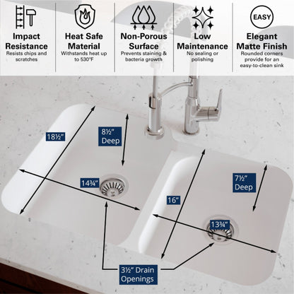 Seamless 33" Quartz Composite Undermount Double Basin Kitchen Sink