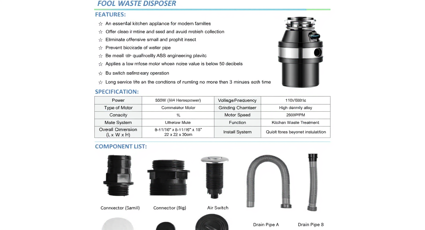 Odalys 3/4 HP Kitchen Garbage Disposal - detail