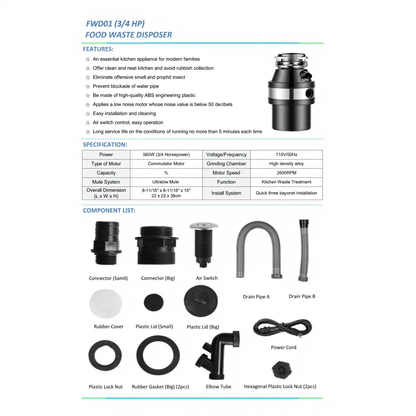 Odalys 3/4 HP Kitchen Garbage Disposal - detail