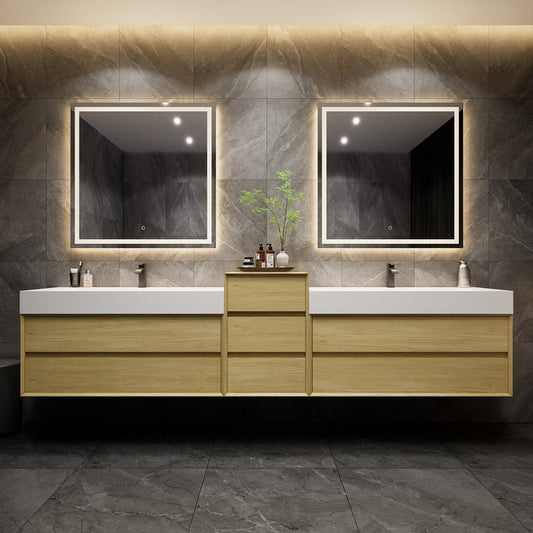 Max 92" Wall Mounted Bathroom Vanity with Reinforced Acrylic Integrated Sink Top and Center Linen Cabinet