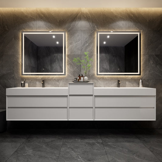 Max 104" Wall Mounted Bathroom Vanity with Reinforced Acrylic Integrated Sink Top and Center Linen Cabinet