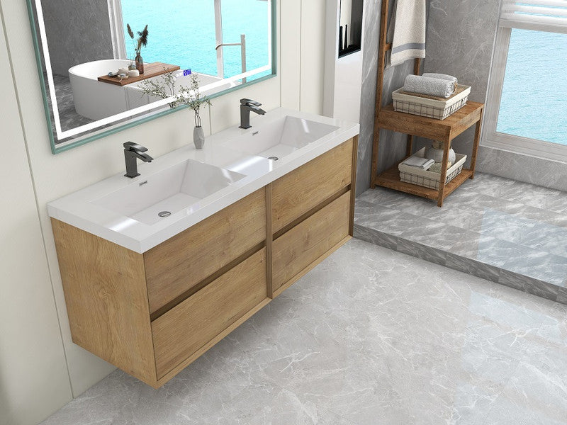 Kingdee 60" Wall Mounted Bathroom Vanity with Reinforced Acrylic Integrated Sink Top