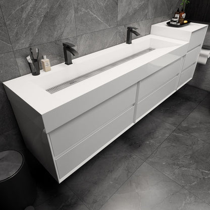 Max 104" Wall Mounted Bathroom Vanity with Reinforced Acrylic Integrated Sink Top and Side Linen Cabinet