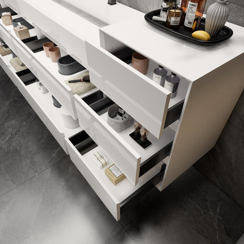Max 104" Wall Mounted Bathroom Vanity with Reinforced Acrylic Integrated Sink Top and Side Linen Cabinet