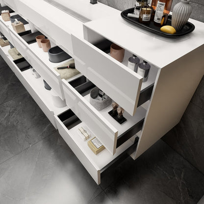 Max 104" Wall Mounted Bathroom Vanity with Reinforced Acrylic Integrated Sink Top and Side Linen Cabinet