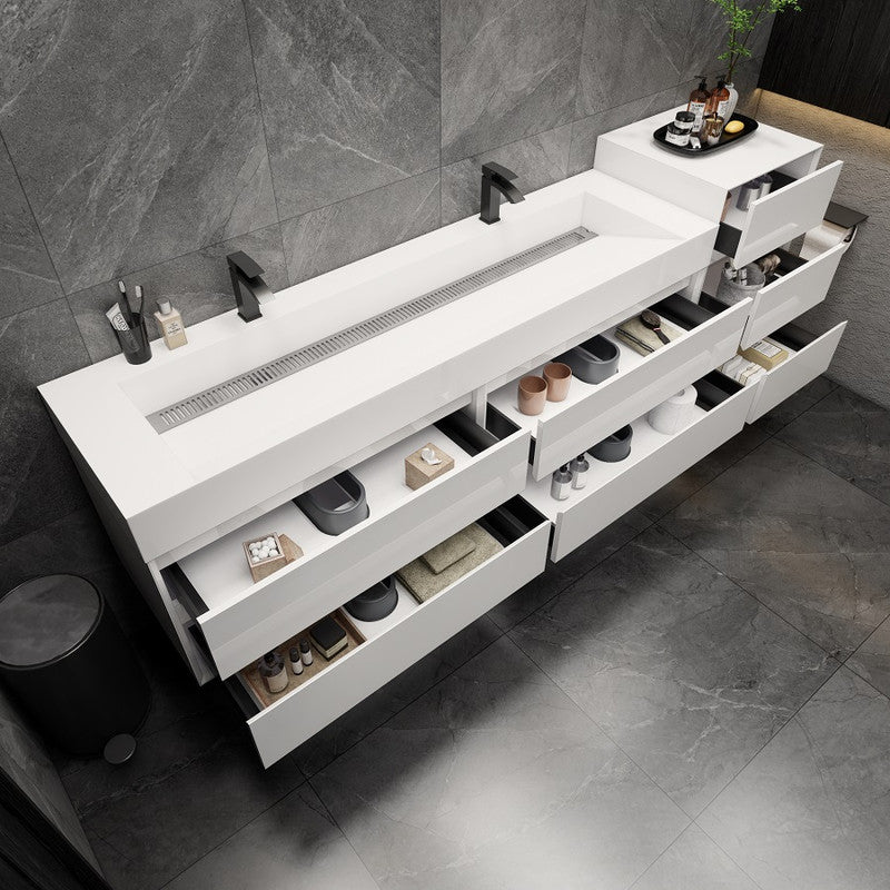 Max 104" Wall Mounted Bathroom Vanity with Reinforced Acrylic Integrated Sink Top and Side Linen Cabinet