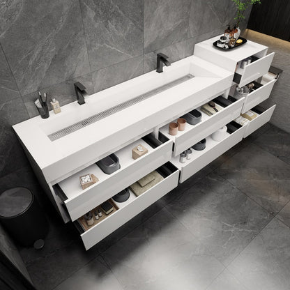 Max 104" Wall Mounted Bathroom Vanity with Reinforced Acrylic Integrated Sink Top and Side Linen Cabinet