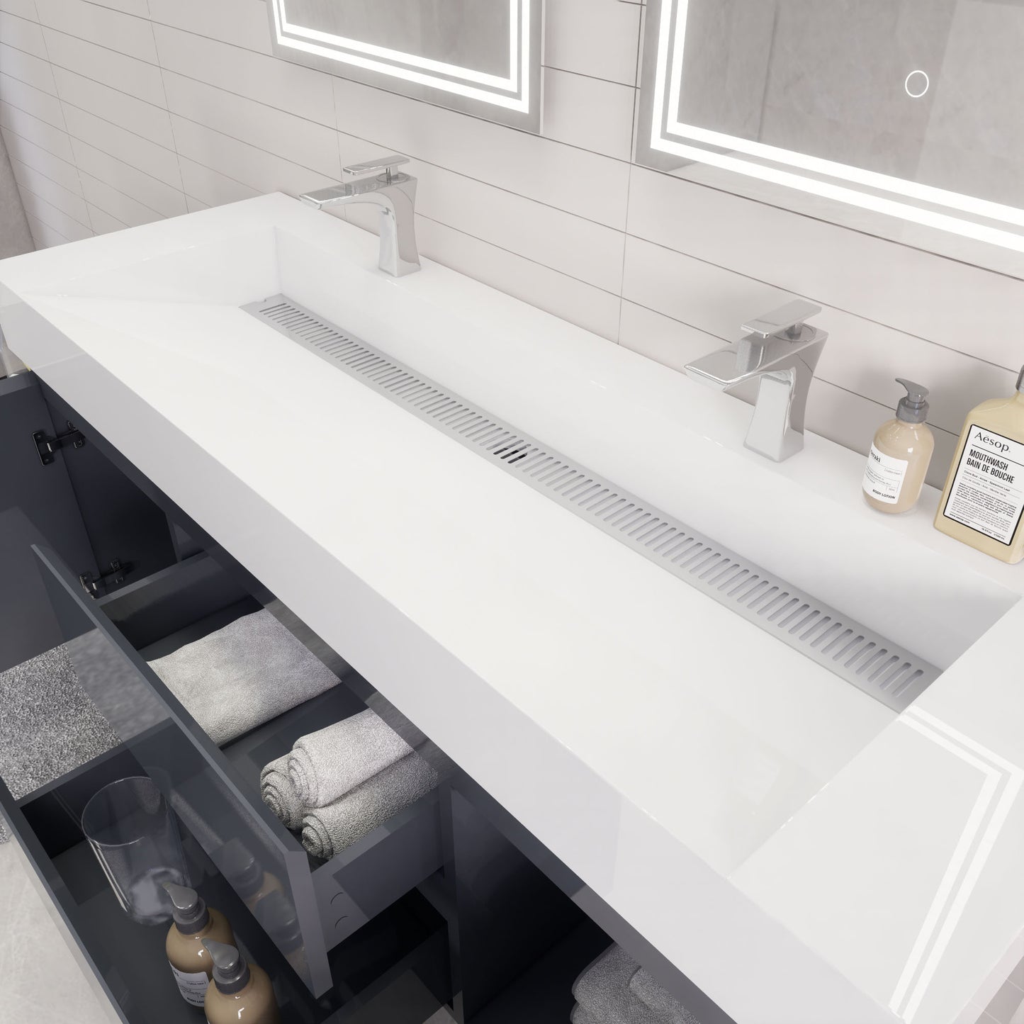 Monterey 60" Wall Mounted Bathroom Vanity with Reinforced Acrylic Integrated Sink Top