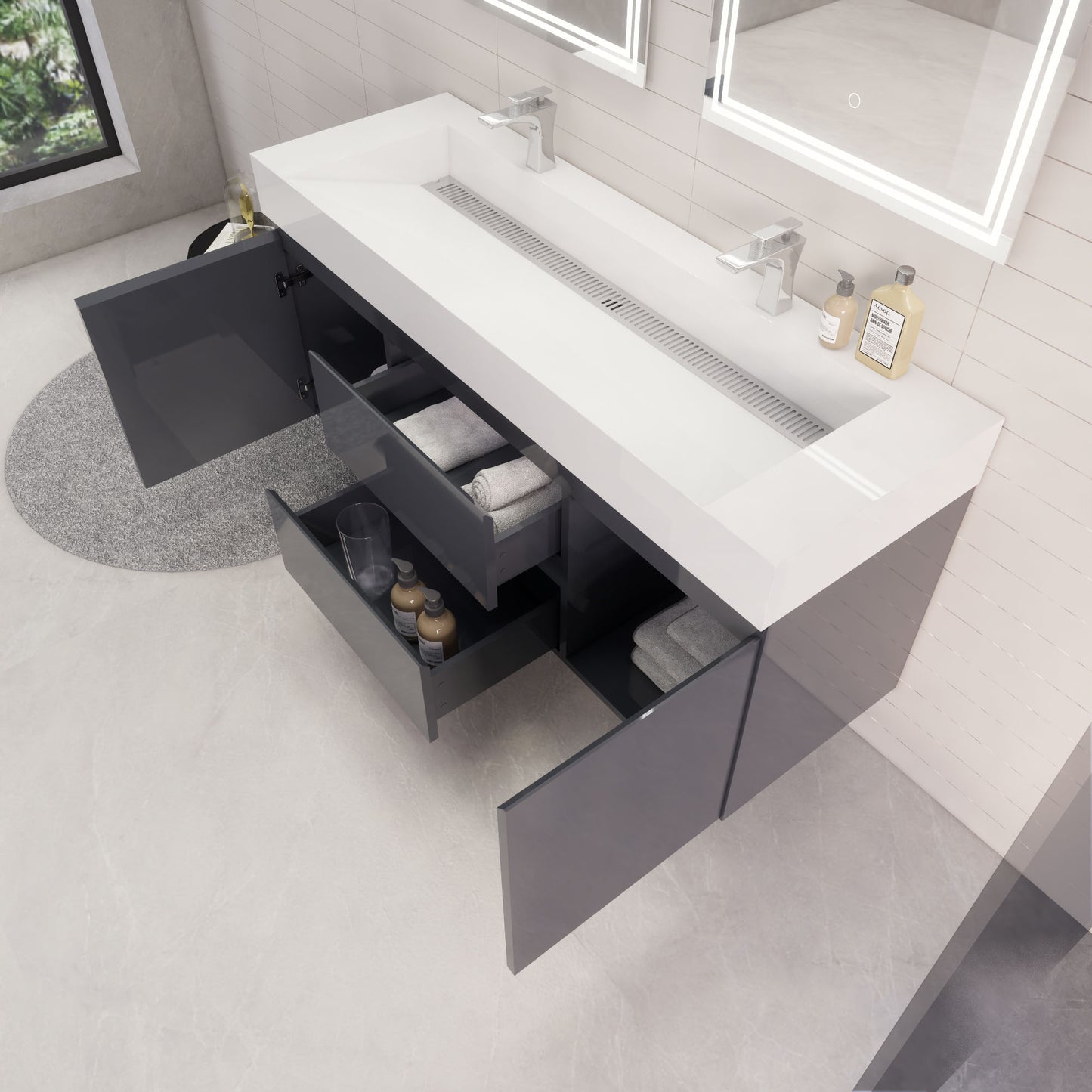Monterey 60" Wall Mounted Bathroom Vanity with Reinforced Acrylic Integrated Sink Top