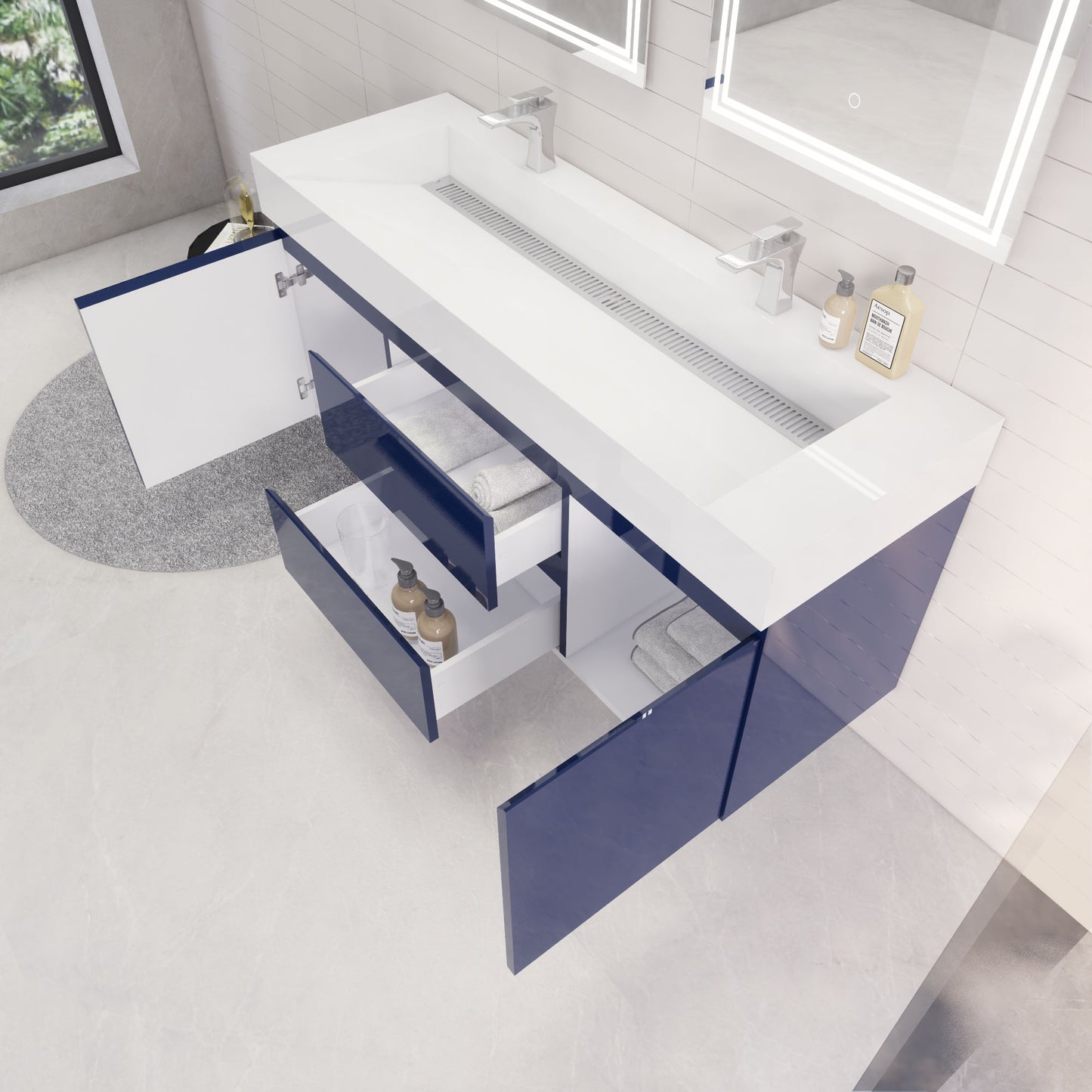 Monterey 60" Wall Mounted Bathroom Vanity with Reinforced Acrylic Integrated Sink Top