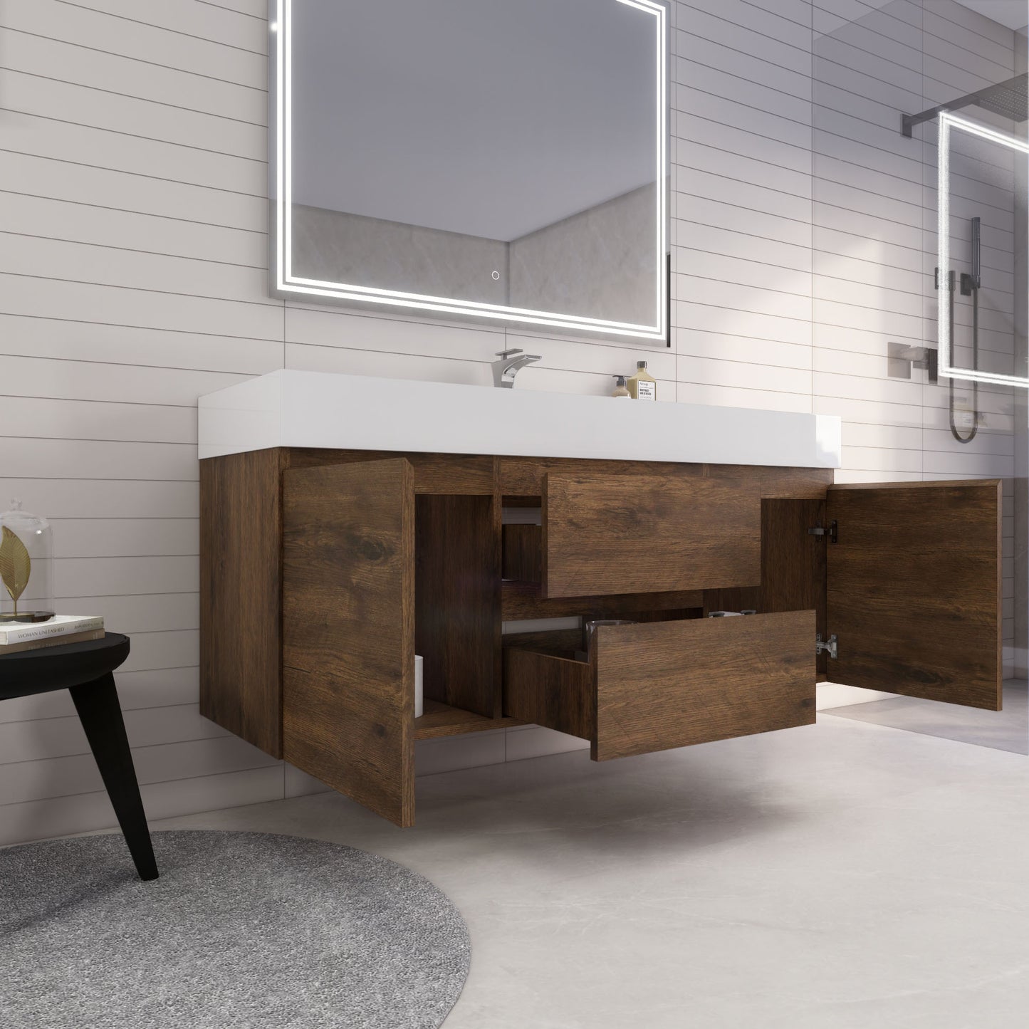 Monterey 60" Wall Mounted Bathroom Vanity with Reinforced Acrylic Integrated Sink Top